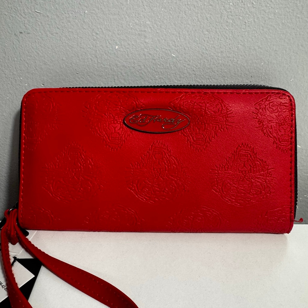 Ed Hardy Red Embossed Tiger Zip Around Multi Compartment Vegan Leather Wallet